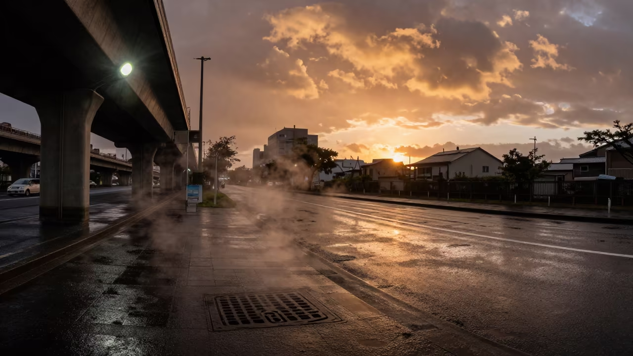 Amber Sunset Rain Steaming Manhole Hiroshima in beneath a flickering underpass light in Hiroshima
