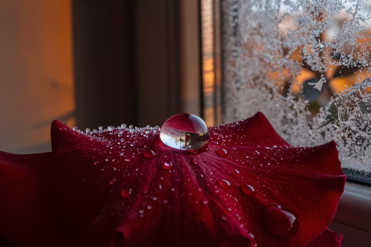 Amber Sunset Reflection on Autumn Rose Droplet in along a frost-edged windowpane in Adelaide