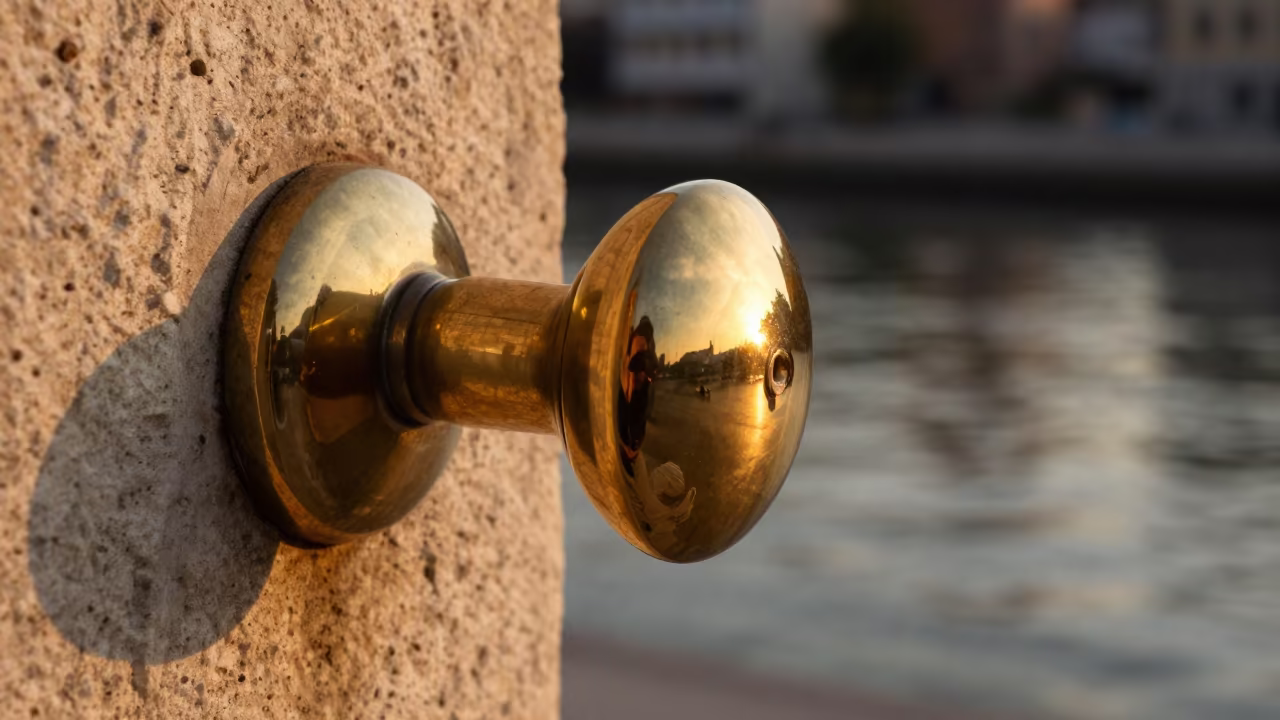 Amber Sunset Reflection in Polished Brass Doorknob in beside a canal in Eskişehir