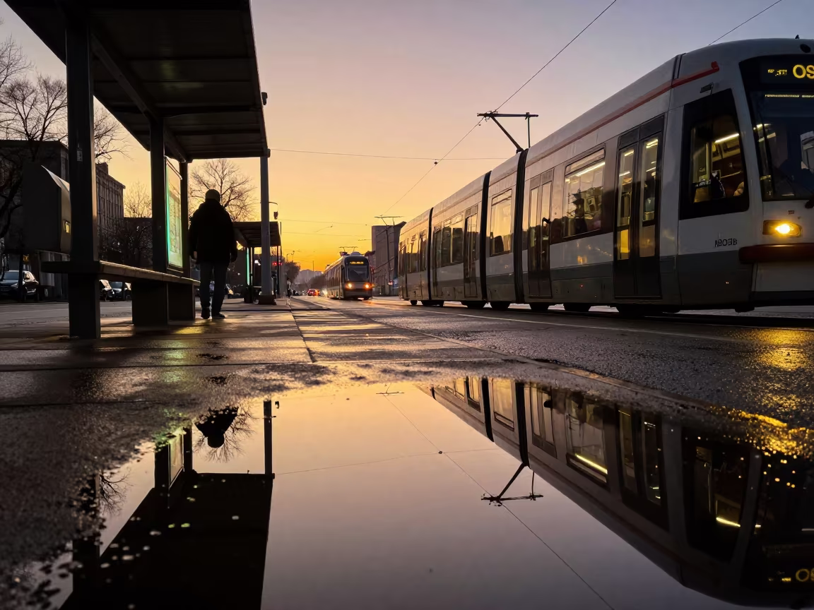 Amber Sunset Reflection Tram Stop Osh in at a tram stop in Osh