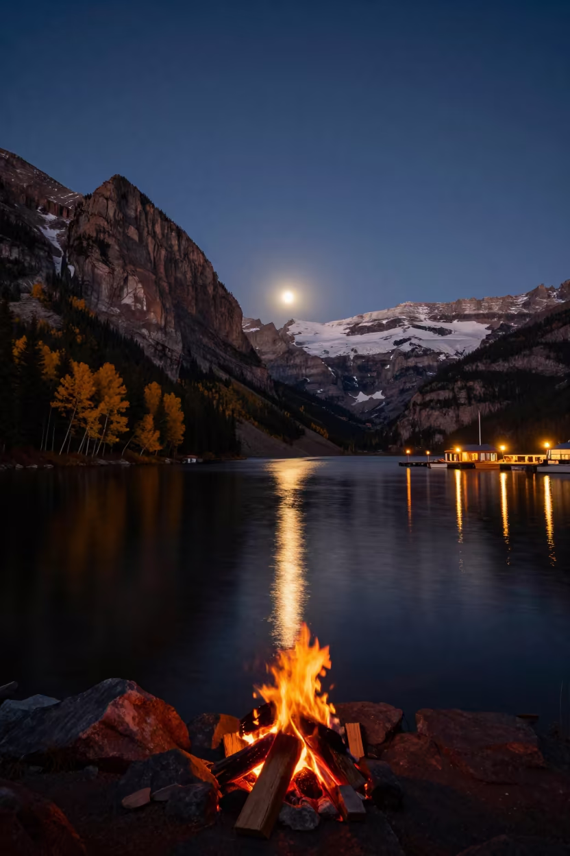 Amber Sunset Reflections on Alberta Lake in beside a lantern-dotted harbor in Alberta