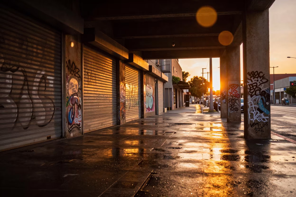 Amber Sunset Reflections in San Rafael Underpass in along a shuttered arcade in San Rafael