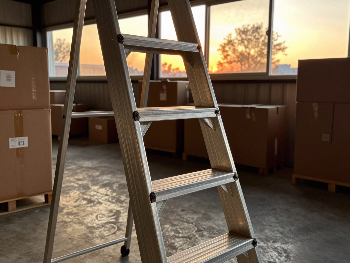 Amber Sunset on Restock Ladder in Kuwait Stockroom in inside a stockroom behind the sales floor in Kuwait City