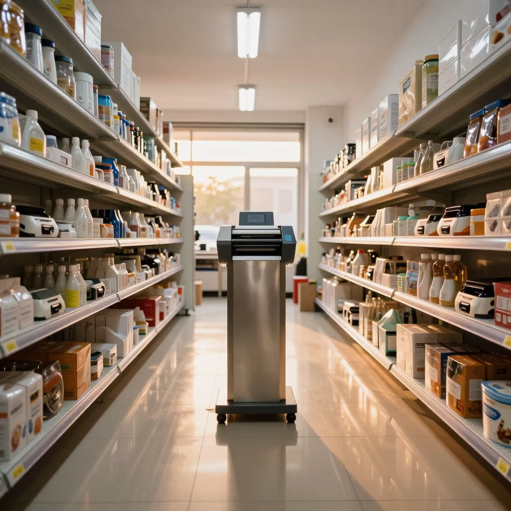 Amber Sunset Light on Retail Coupon Stand Guilin in inside a bright retail aisle in Guilin