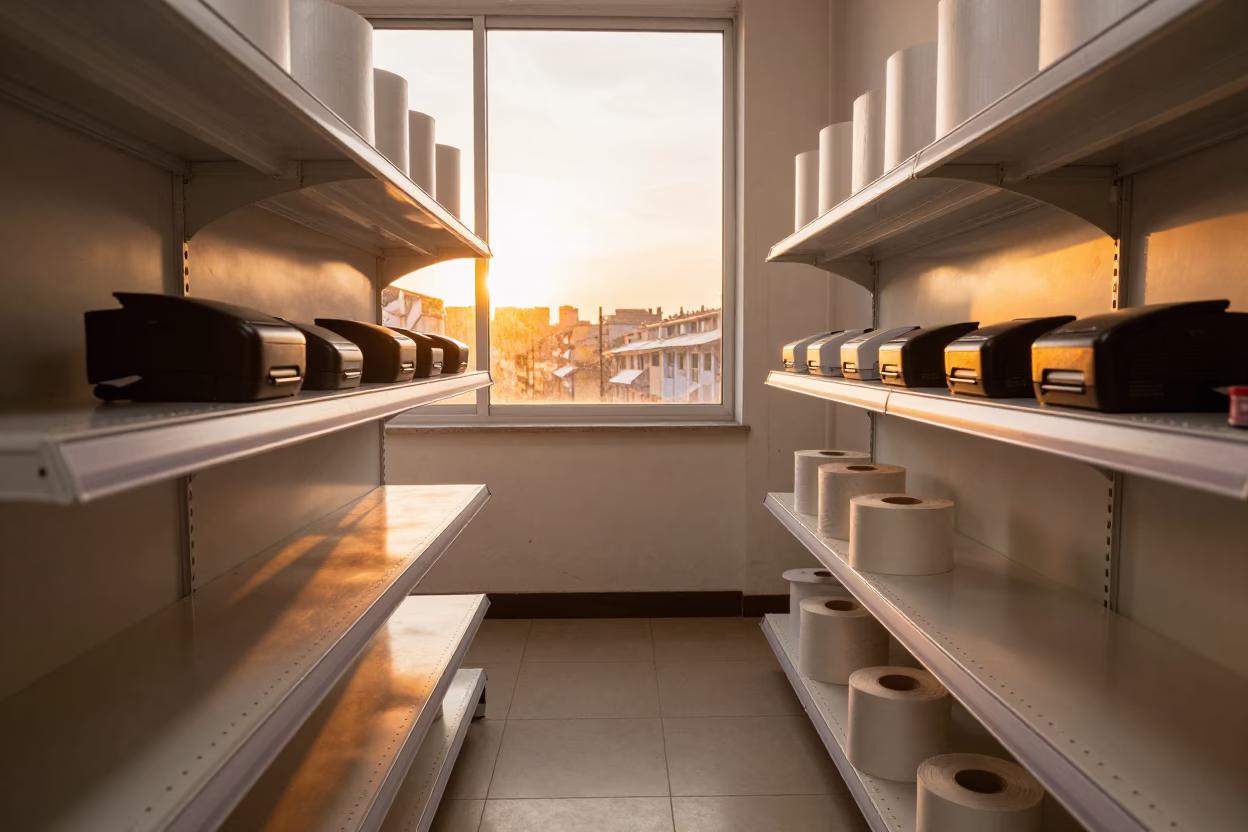 Amber Sunset Light on Retail Receipt Printer Shelf in along a front-of-store display run near Minna