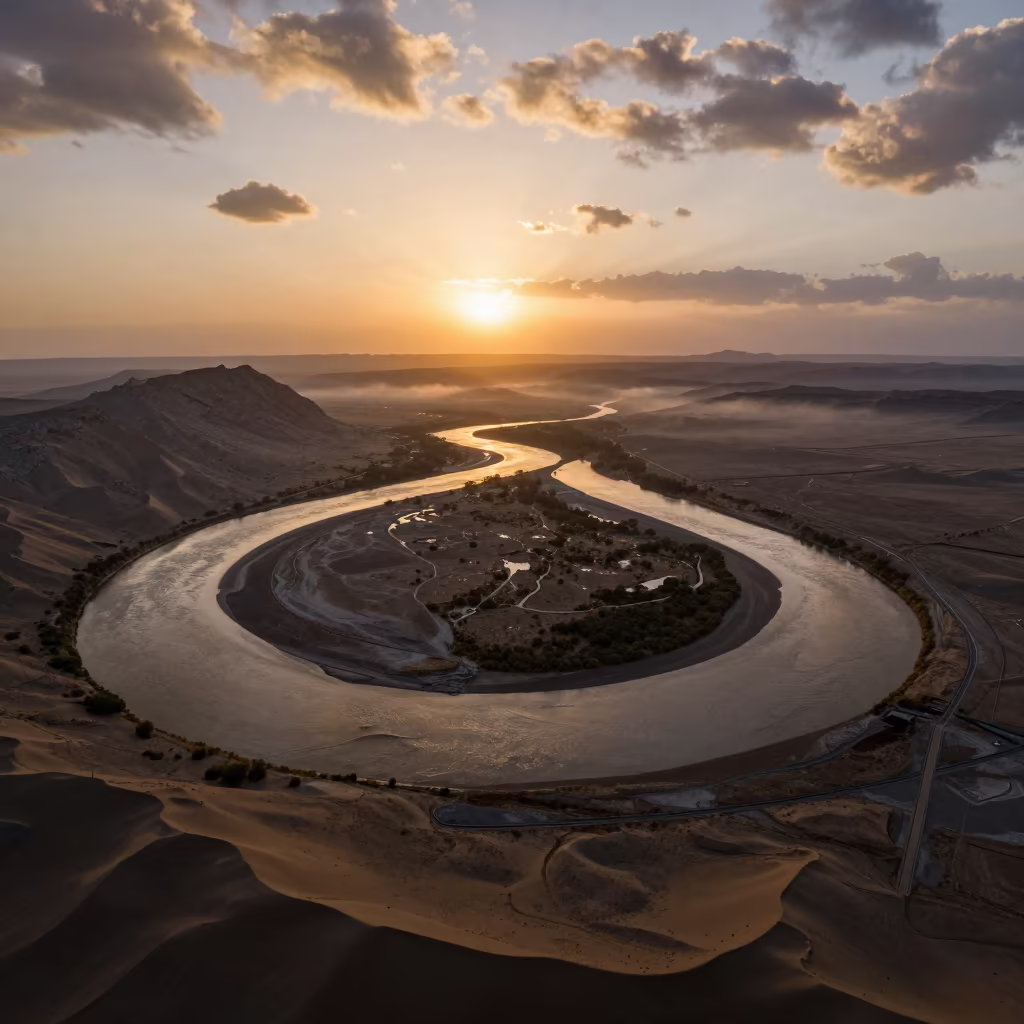 Amber Sunset River Bend Over Tajik Wadis in above dune fields and dry wadis in Tajikistan