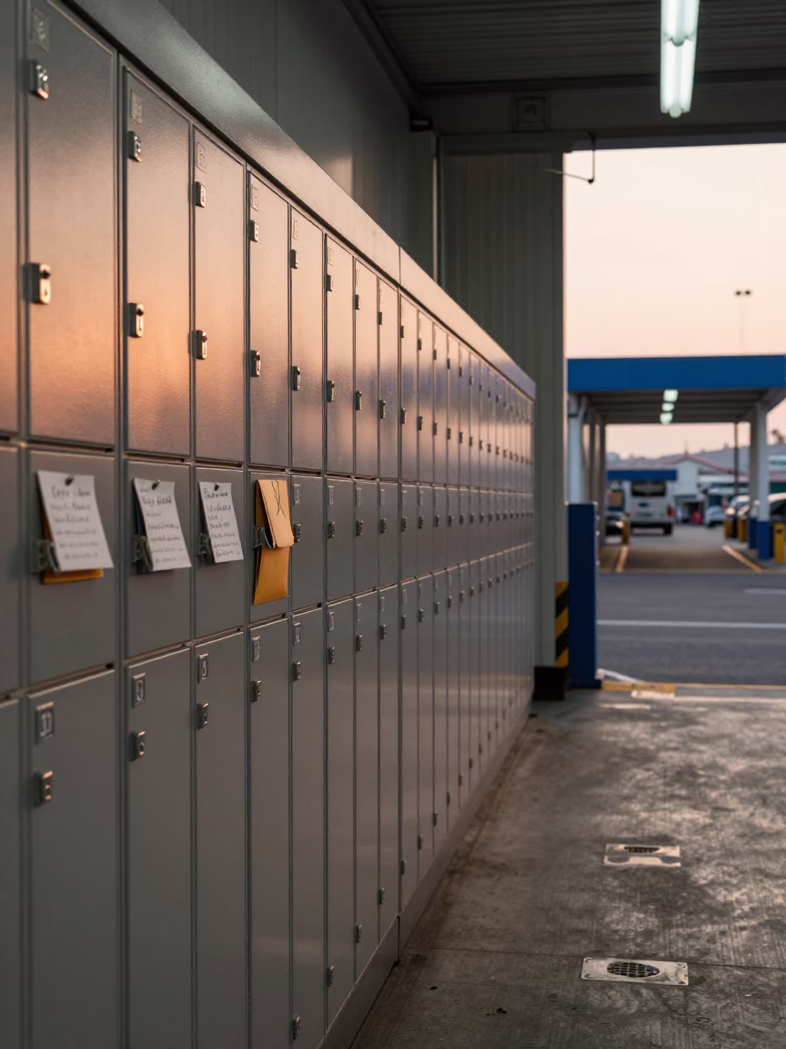 Amber Sunset Route Key Locker in Busan Warehouse in at a parcel sorting belt near Jagalchi, Busan