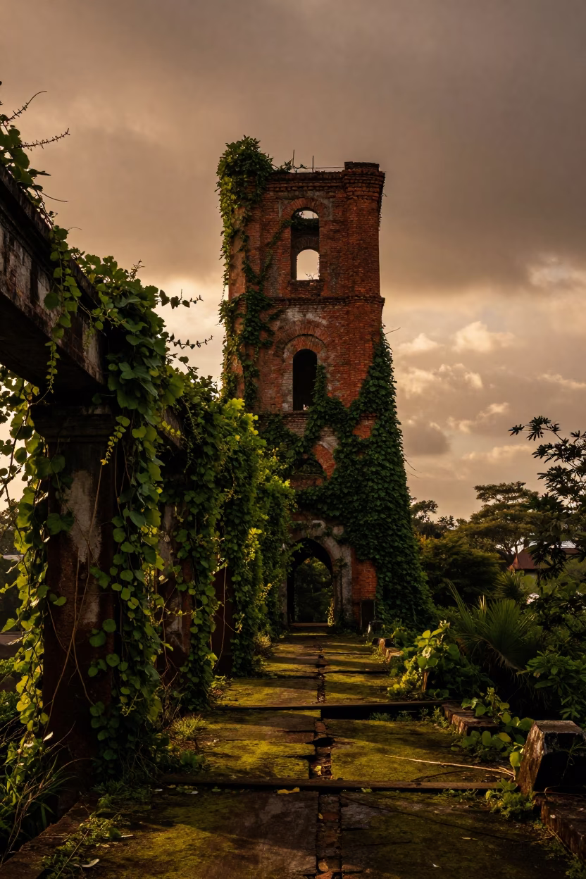 Amber Sunset Ruin Bridge Tower Sky Corridor in along a vine-choked corridor near Kotri