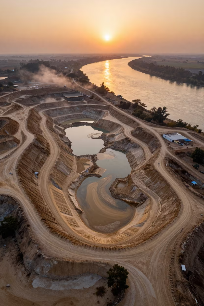 Amber Sunset Over Sand Pit Near River Satna in near Satna