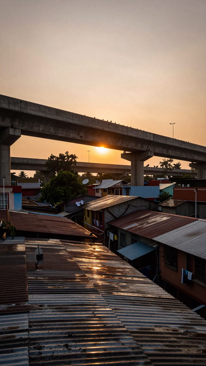 Amber Sunset Shadow Over Mysore Rooftops in across a windy overpass interchange near Mysore