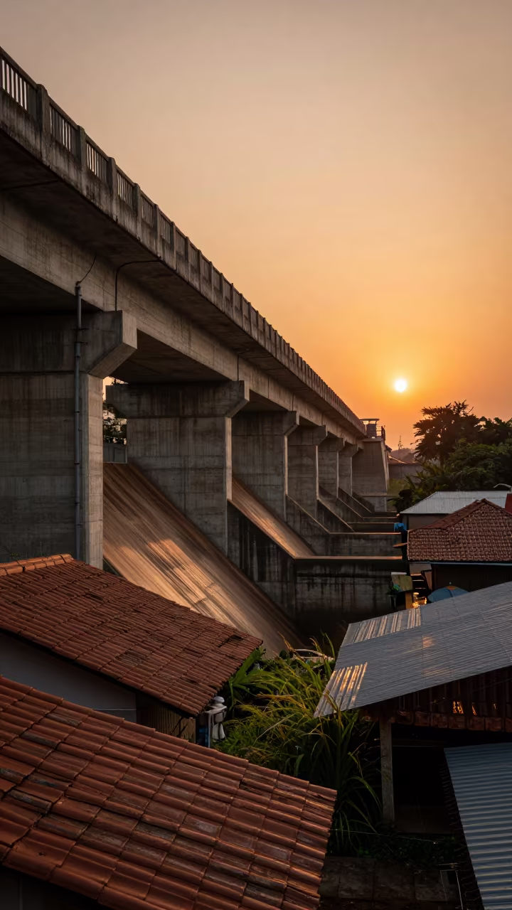 Amber Sunset Shadow Over Myanmar Dam Roofs in along a dam spillway in Myanmar