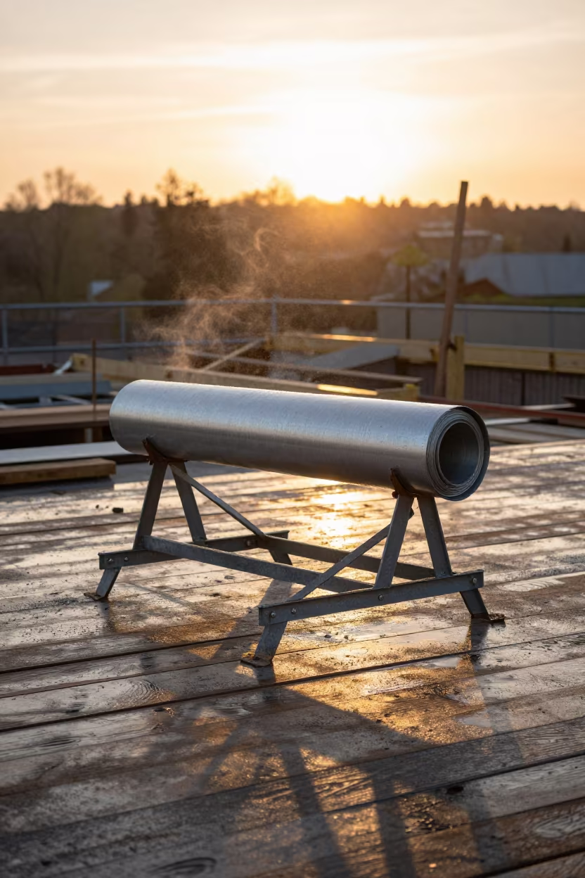 Amber Sunset on Sill Pan Flashing Roll Stand in on an active construction deck in Luxembourg