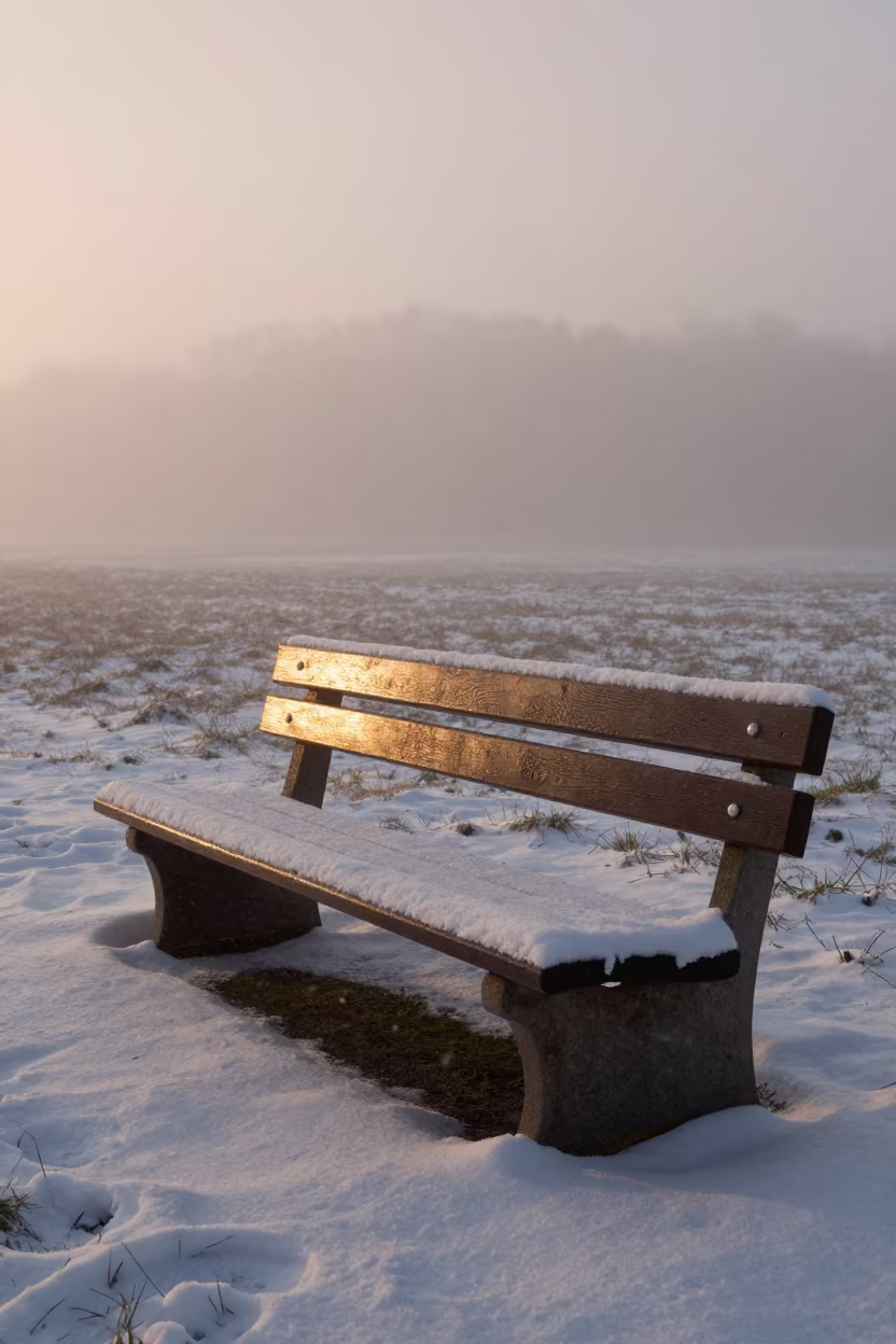 Amber Sunset Snow Sculpture on German Bench in through low marine fog in Germany