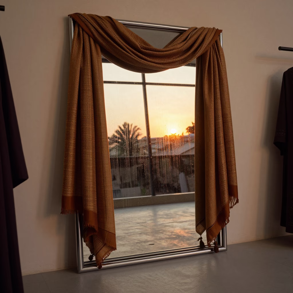 Amber Sunset in Sokoto Fashion Showroom Mirror in inside a minimalist showroom near Sokoto