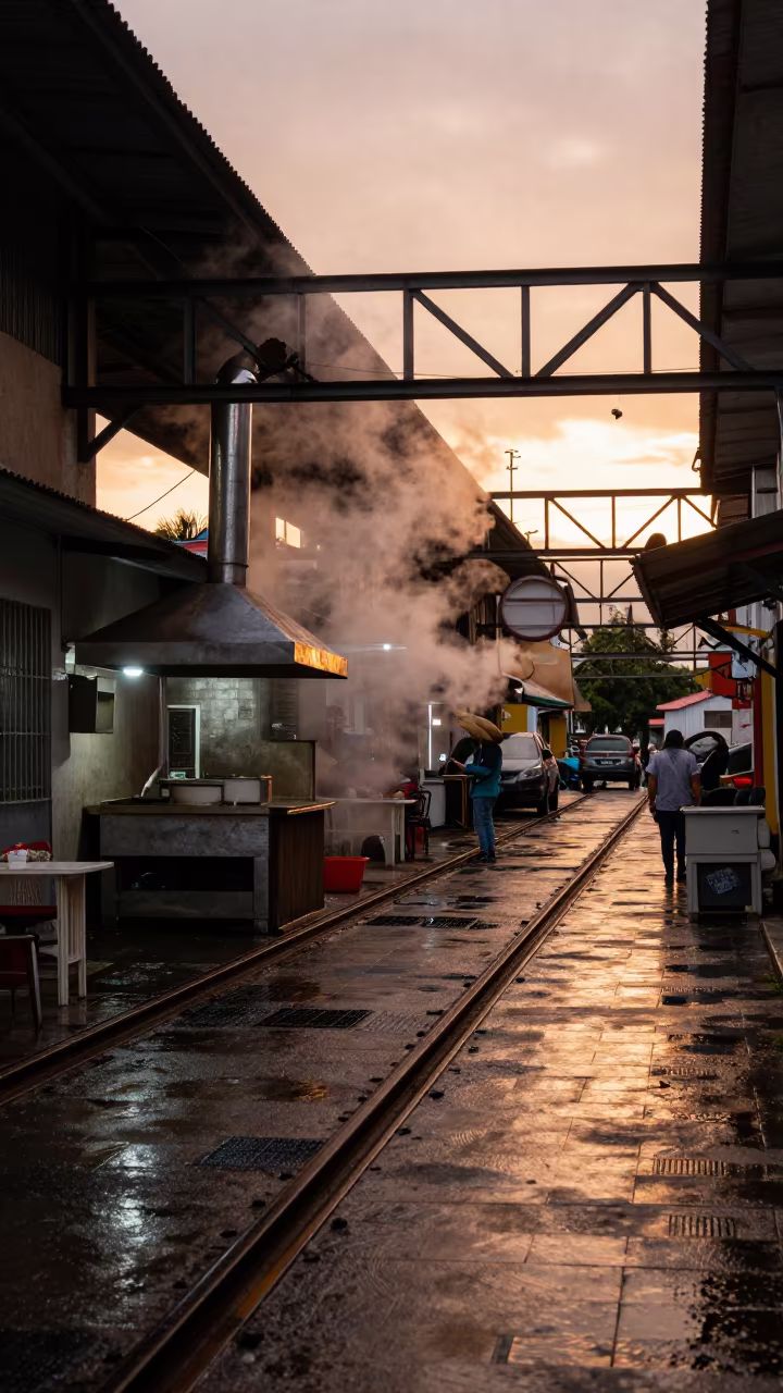 Amber Sunset Steam Rising from Alley Grates in under an elevated train line in Ambato