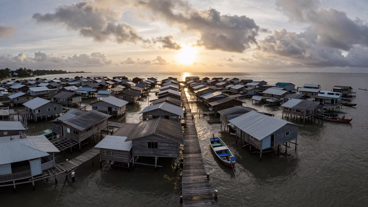 Amber Sunset Over Stilt Fishing Village in inside a skylit passageway in Coimbatore