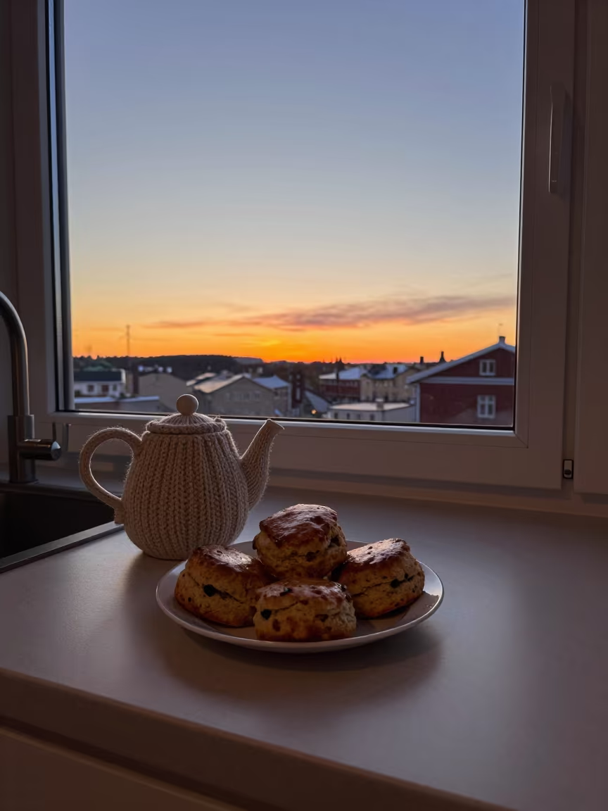 Amber Sunset Light on Teapot and Scones in in a cozy kitchen near Turku