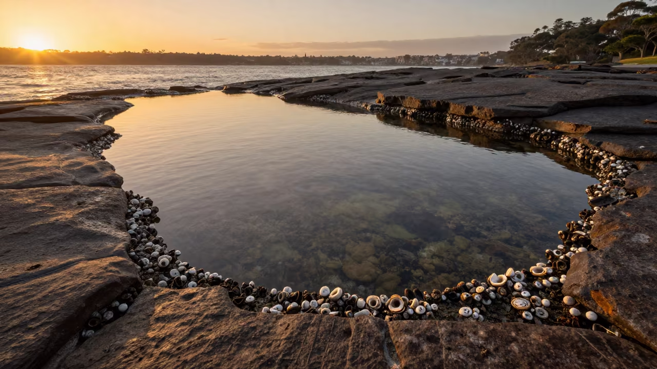 Amber Sunset Tide Pool Reflection Sydney in beside a tide-cut rock ledge under clear water in Paddington, Sydney