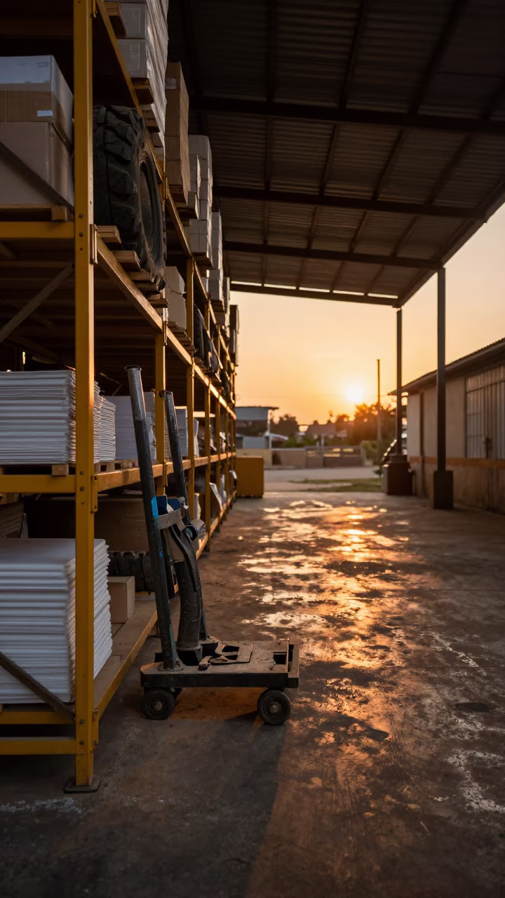 Amber Sunset on Tire Thumper Rack in Aisle in inside a warehouse aisle near Antananarivo