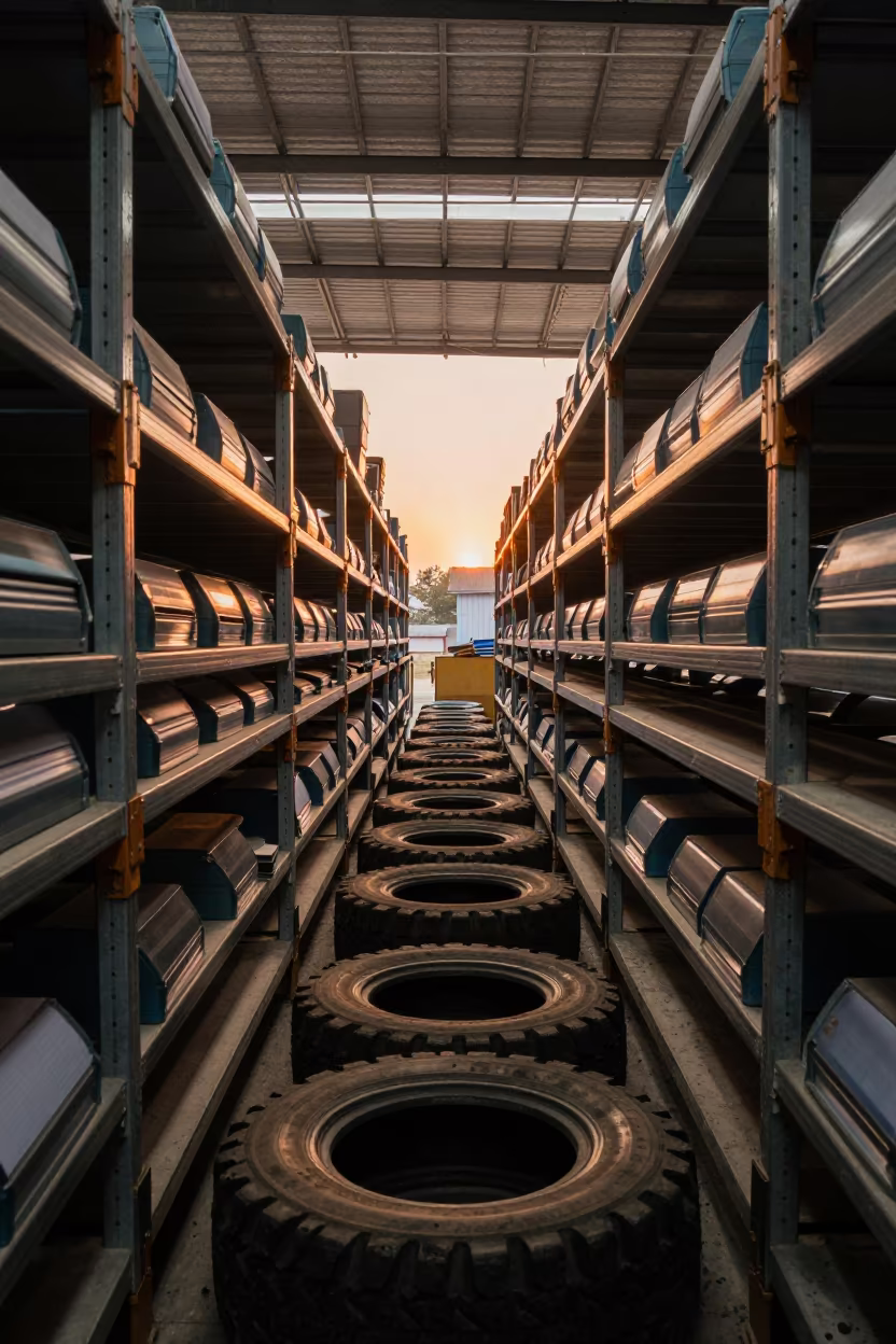Amber Sunset Light on Tire Thumper Rack in inside a warehouse aisle in Raipur