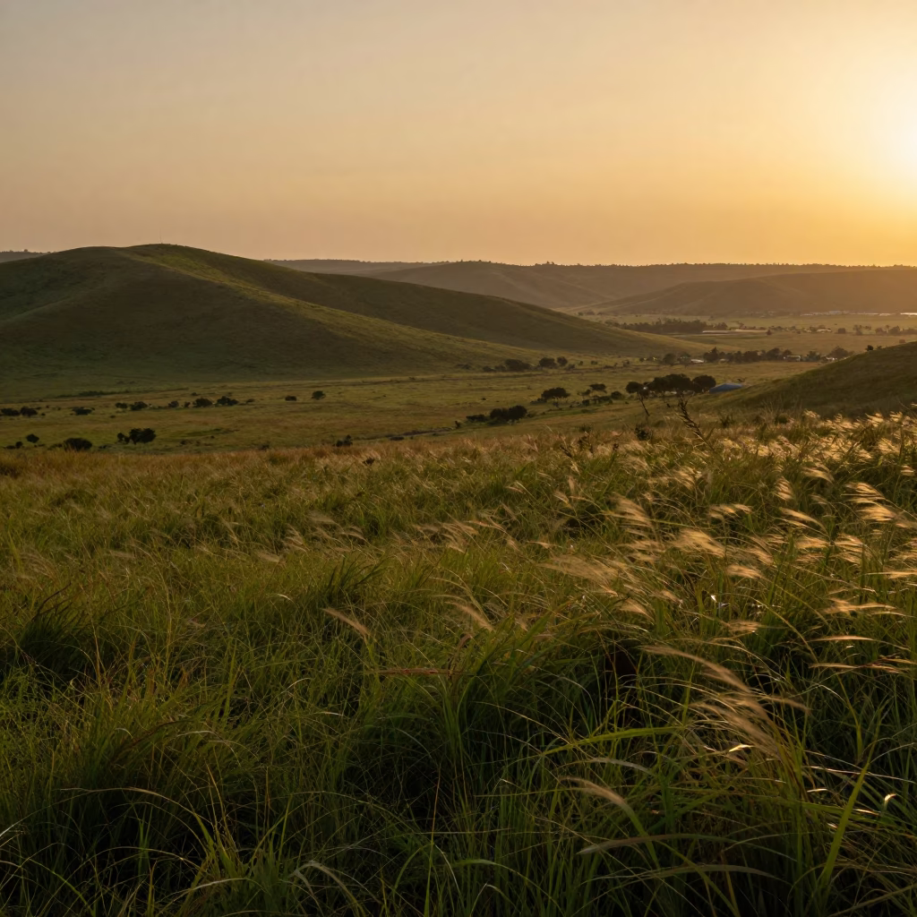 Amber Sunset Over Togo Steppe Ridge in from a ridge above layered foothills in Togo