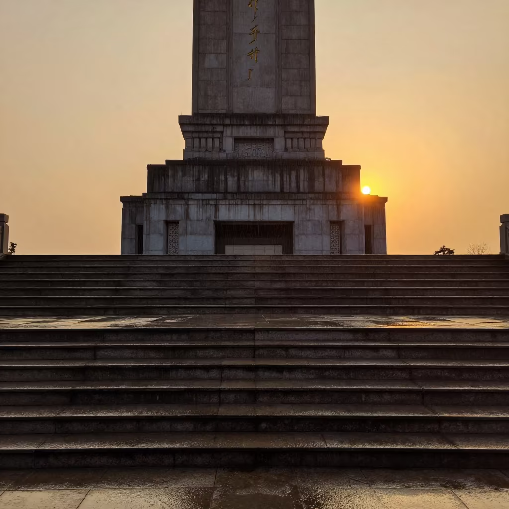 Amber Sunset Light on Tower Lobby Staircase in at the base of a monumental staircase in Hubei