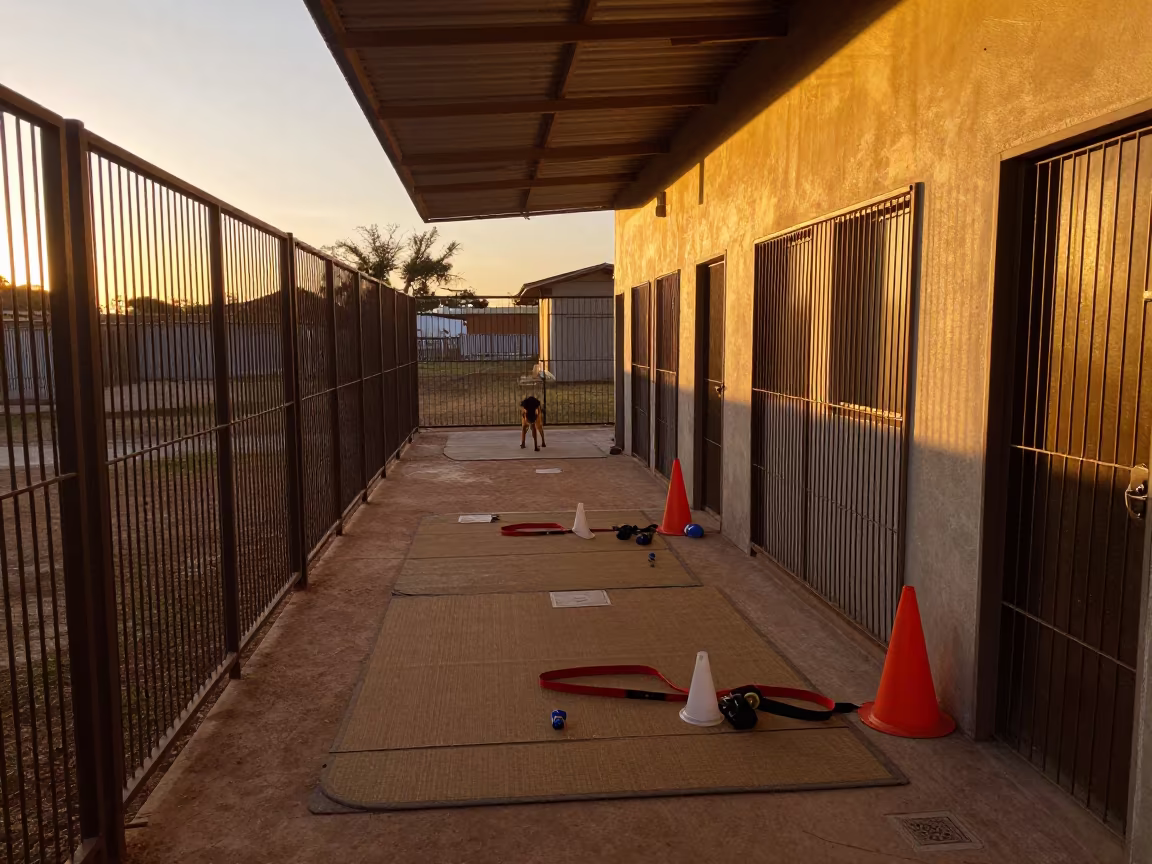 Amber Sunset Training Gear in Sullana Kennel Corridor in in a boarding kennel corridor near Sullana