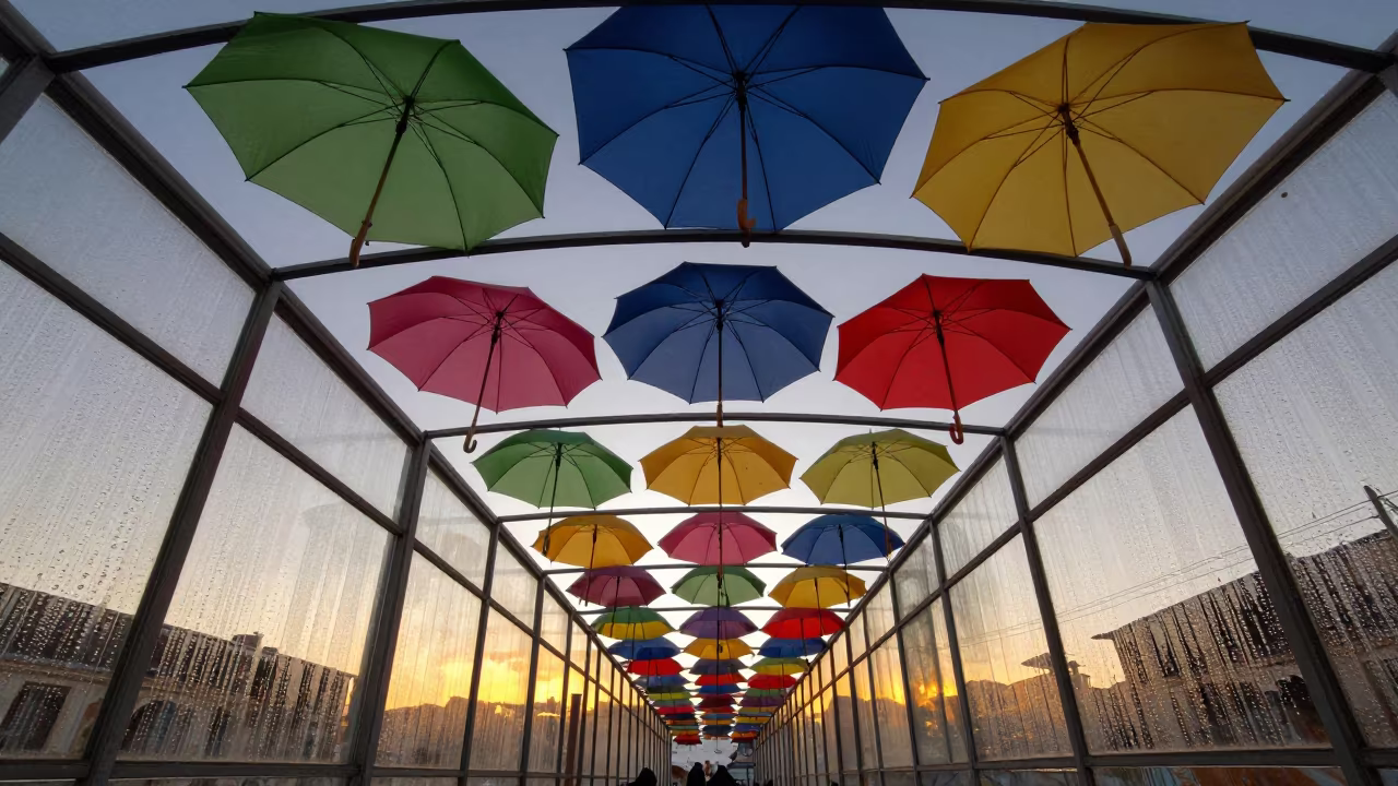Amber Sunset Umbrella Canopies Glass Arcade Sulaymaniyah in inside a glass-roofed arcade near Sulaymaniyah