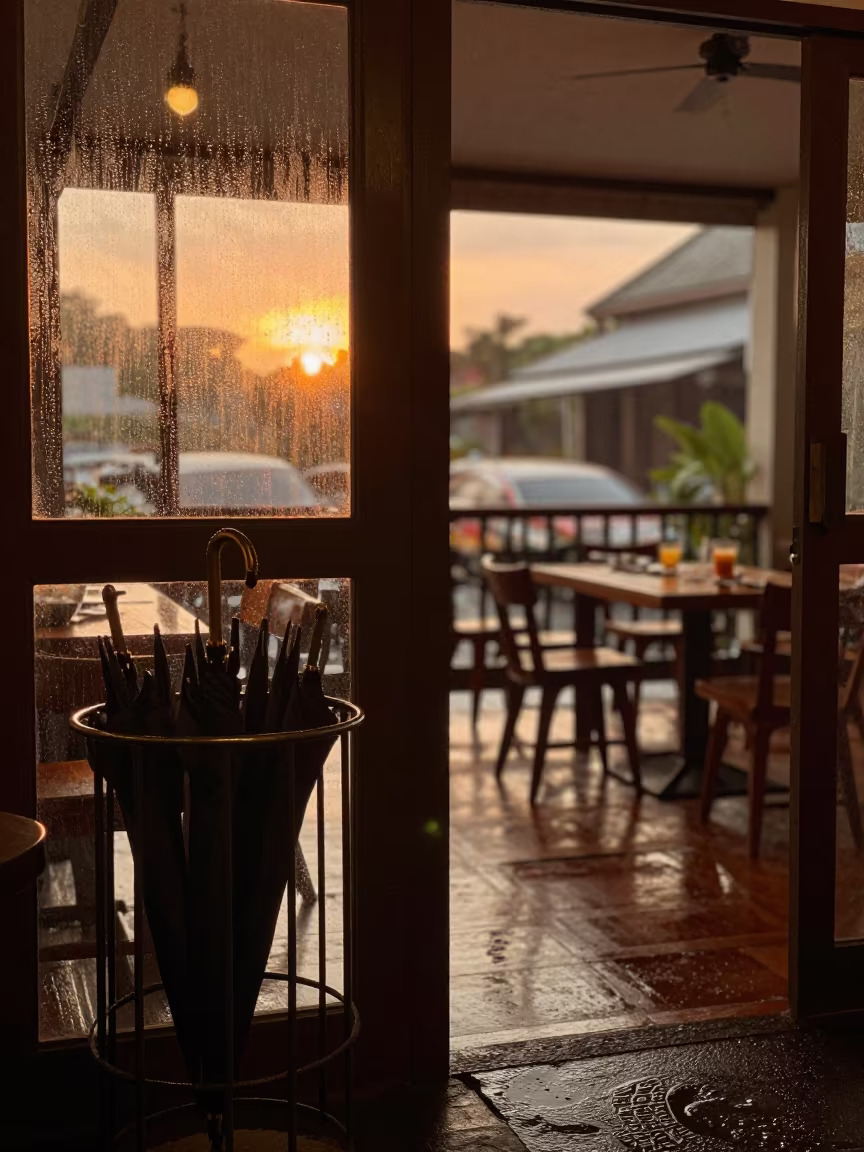 Amber Sunset Light on Umbrella Rack in inside a breakfast room before opening in Senopati, Jakarta
