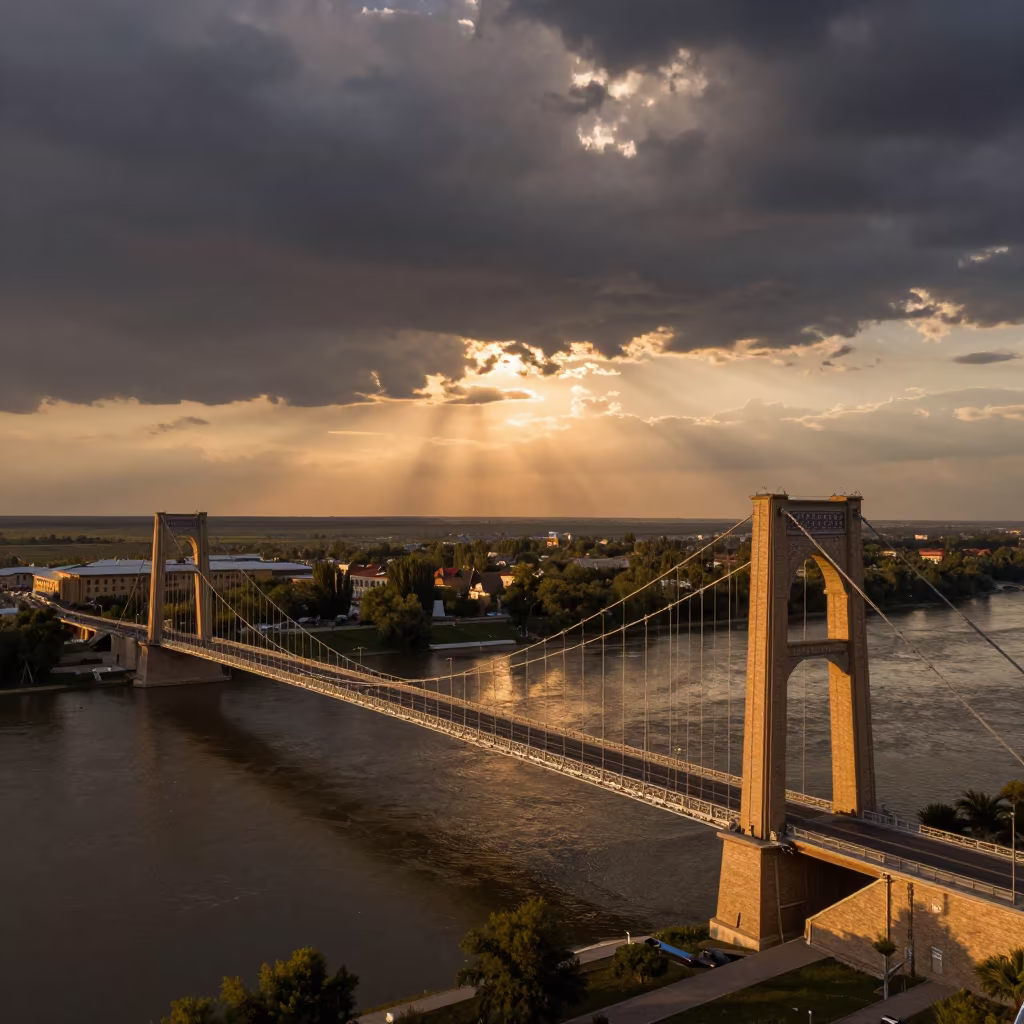 Amber Sunset Over Uzbekistan River Bridge in beside a canal-front facade in Uzbekistan