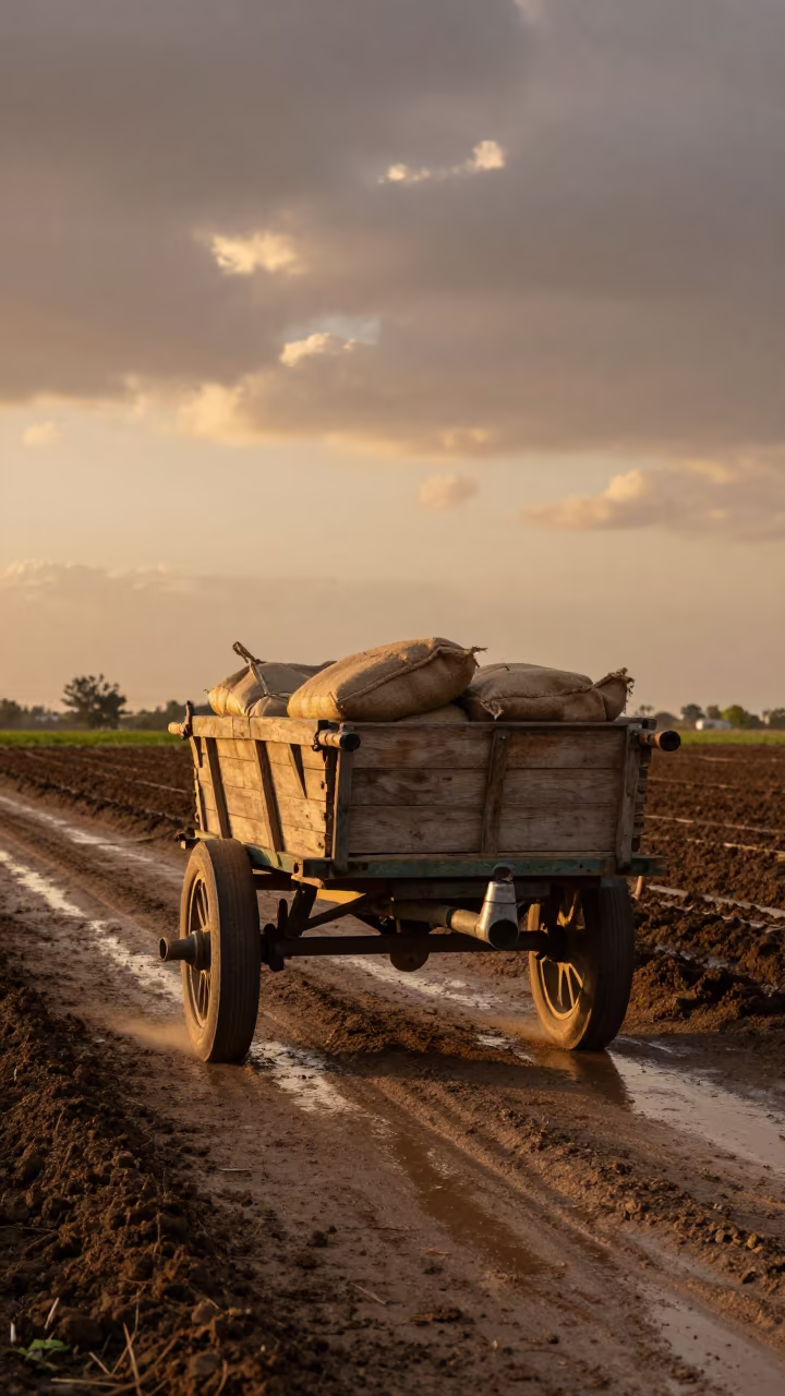 Amber Sunset Wagon on Az Zubayr Farm Road in along freshly irrigated rows near Az Zubayr