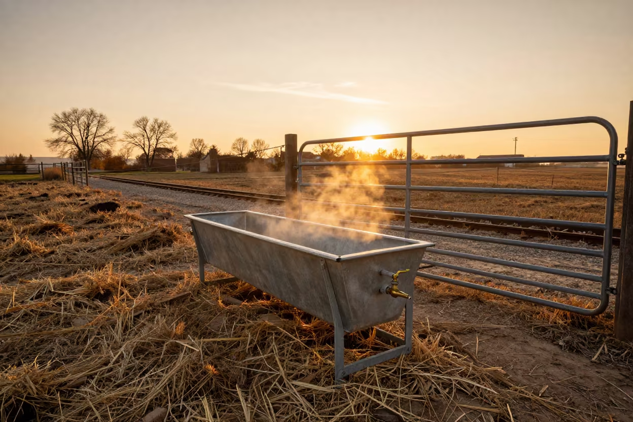 Amber Sunset Water Trough Float Valve Bosnia in beside a pasture gate in Bosnia and Herzegovina