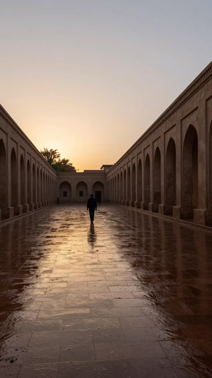 Amber Sunset Light on Wet Omdurman University Flagstones in along a schoolyard walkway in Omdurman