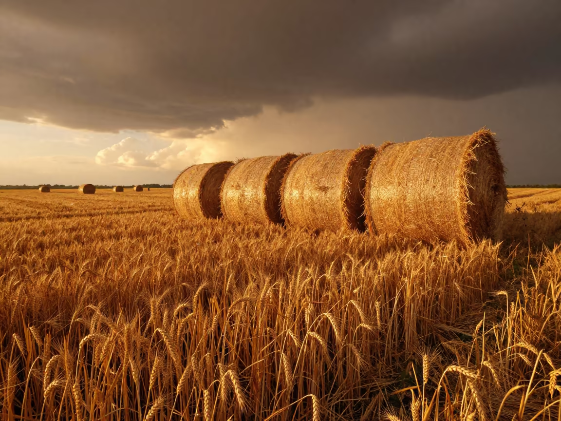 Amber Sunset Over Wheat Field Storm in beside stacked hay bales in Tiflet