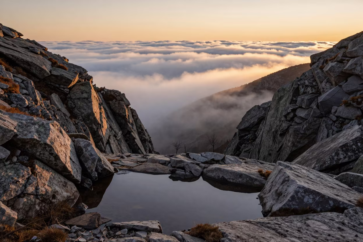 Amber Sunset Over Winter Cloud Sea Shimla in at a rocky saddle overlooking a mountain valley near Shimla