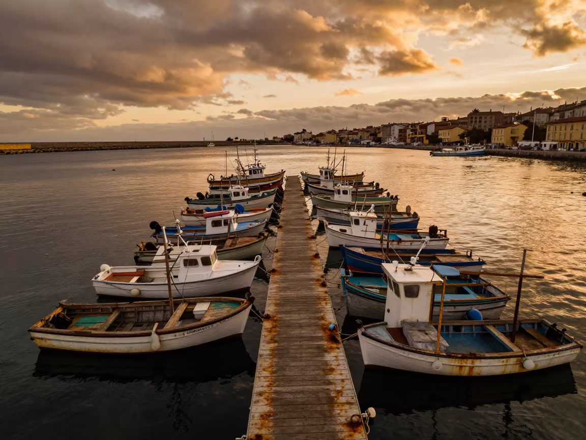 Amber Sunset Over Winter Fishing Boats Naples Harbor in across a remote ferry crossing near Naples