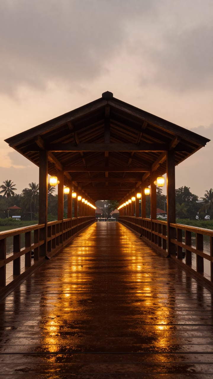 Amber Sunset Wooden Bridge in Mumbai Temple in in a lantern-lined temple precinct in Mumbai
