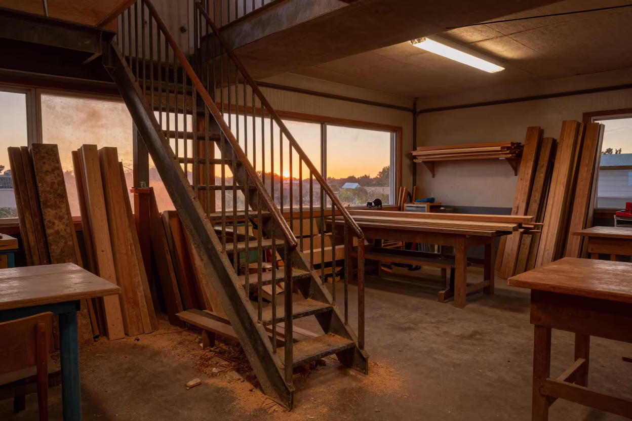 Amber Sunset Light on Worn School Stair Rail in in a woodshop classroom in Spanish Town