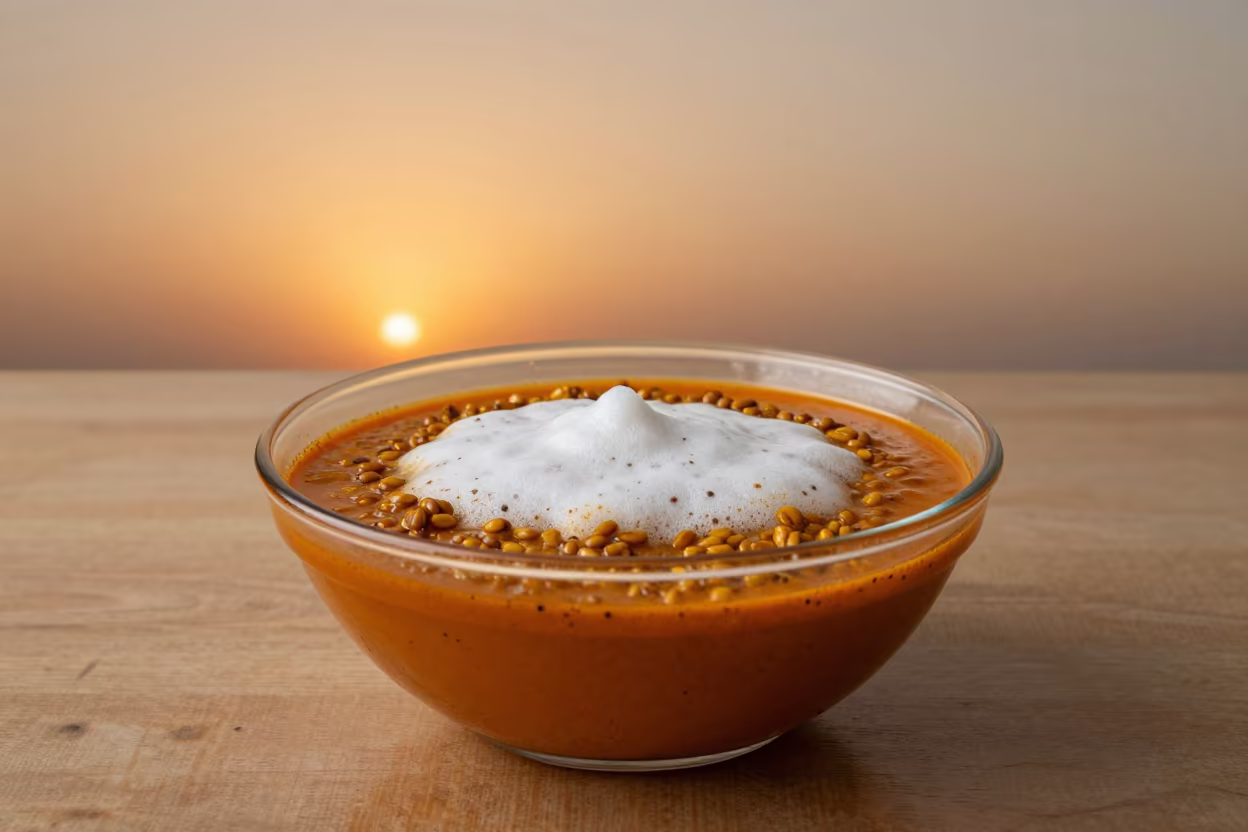 Amber Sunset Yemeni Saltah Stew Transparent Bowl in on a restaurant table in Memphis