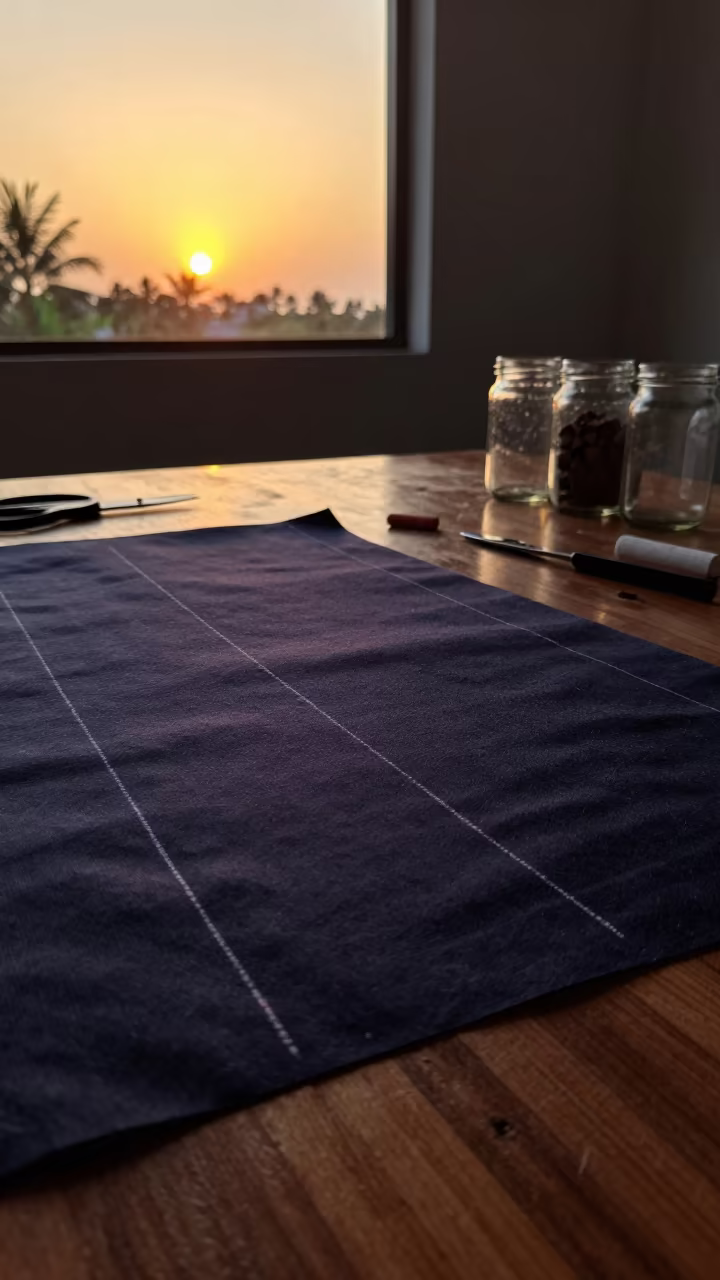 Amber Tailor Chalk Lines on Dark Wool in at a tailoring table strewn with chalk and shears in Visakhapatnam