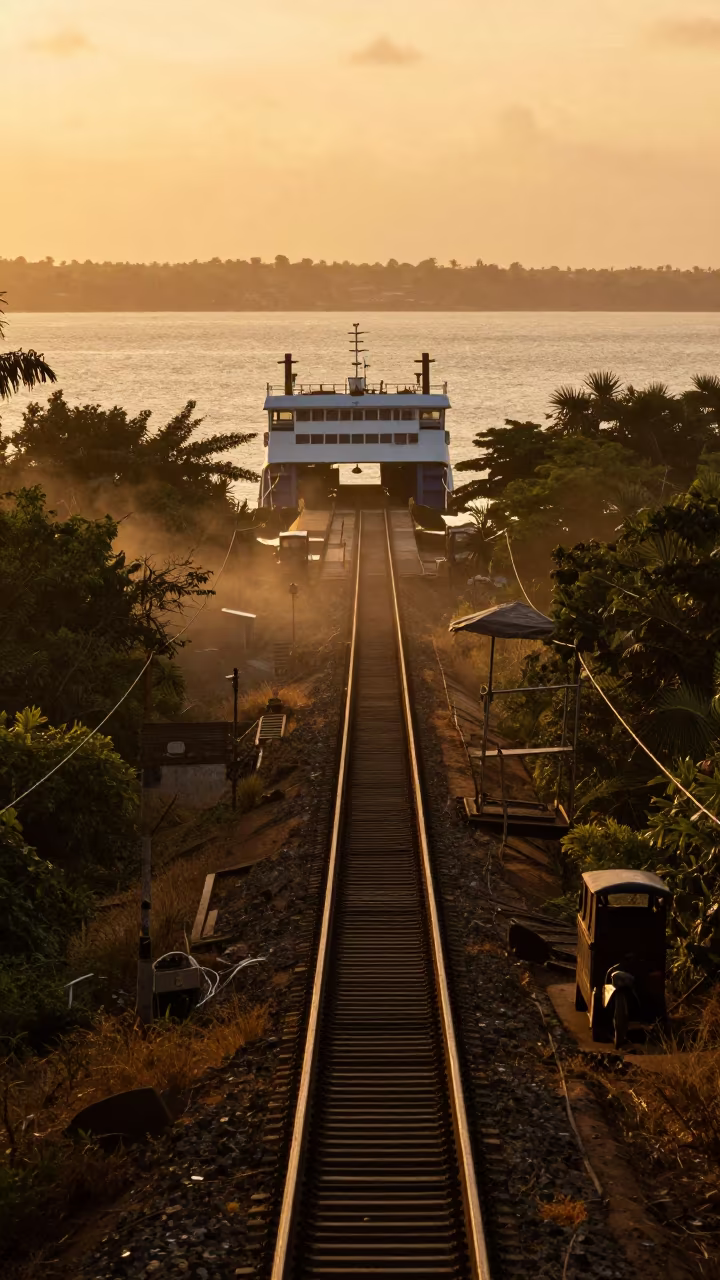 Amber Trolley Climbs Benin Hill Over Bay in across a remote ferry crossing in Benin