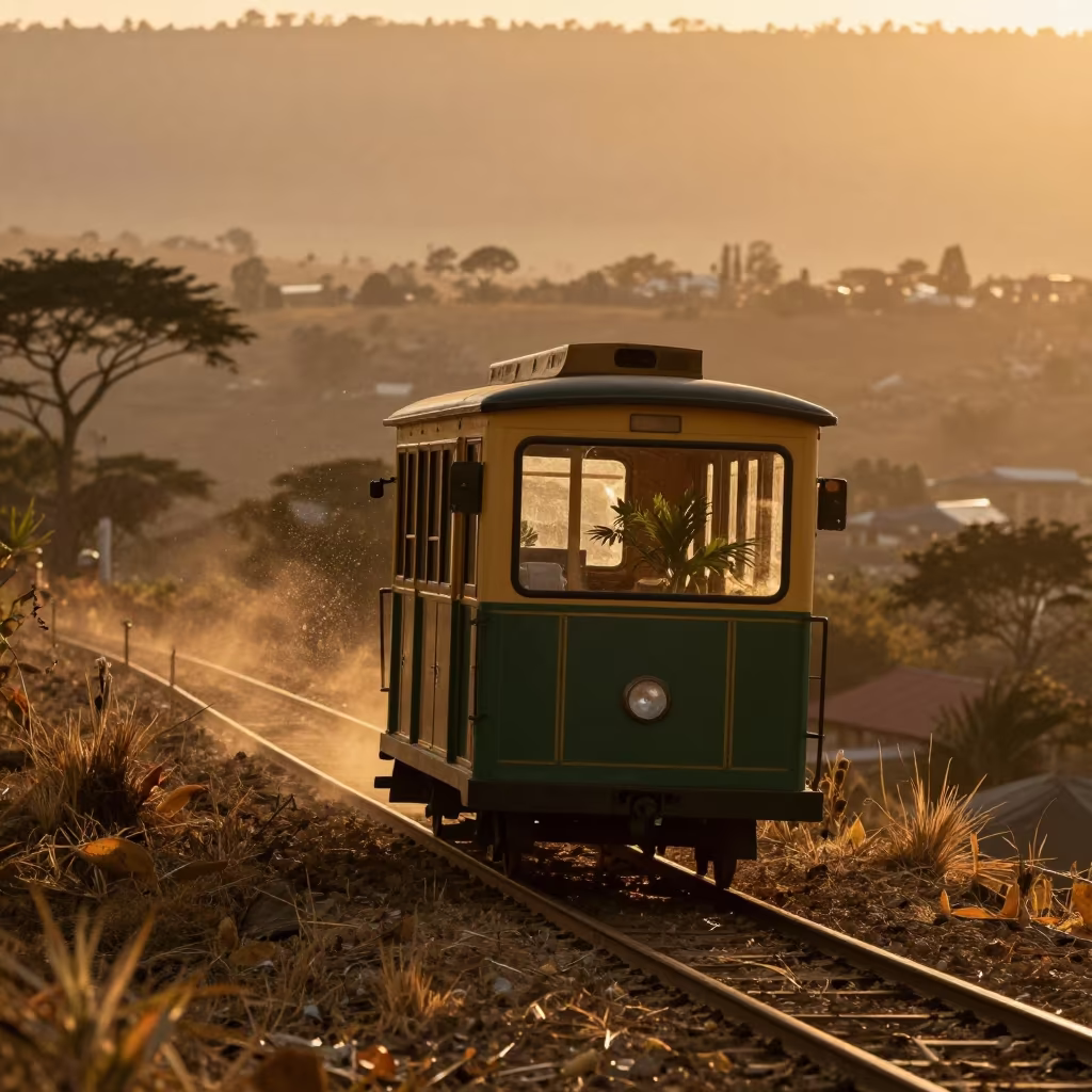 Amber Trolley Window Overlooking Dry Hill in near Nakuru