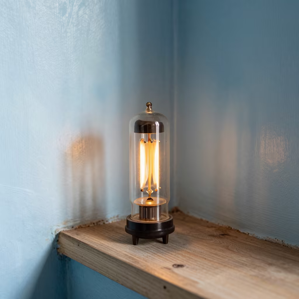 Amber Vacuum Tube on Display Ledge in on a painted display ledge near Khushab