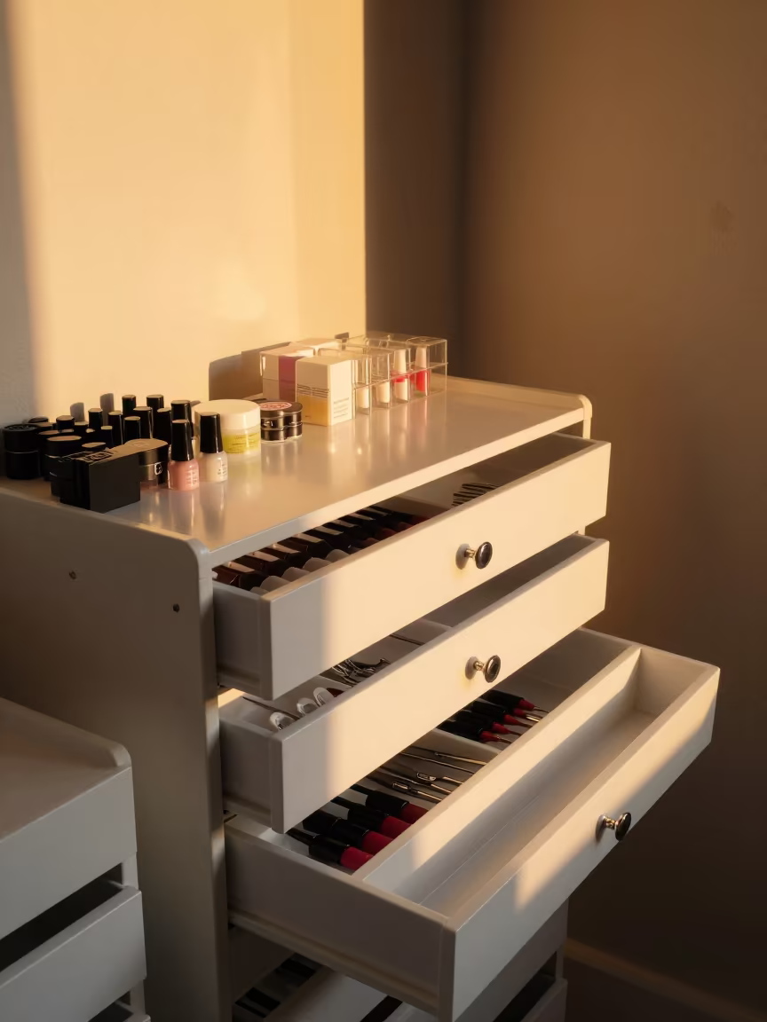 Amber Vanity Drawer in Ciudad Del Este Beauty Supply in in a beauty supply area under white LEDs in Ciudad del Este