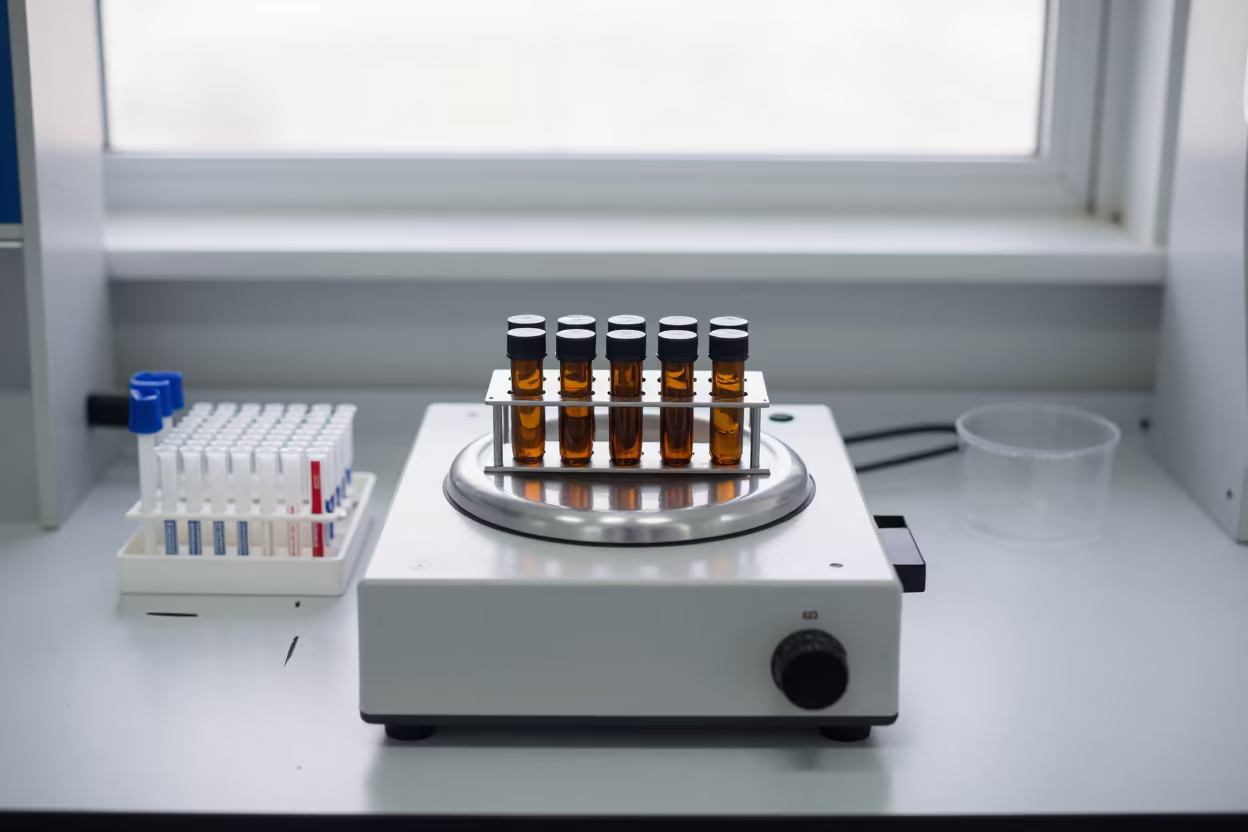 Amber Vials and Pipettes in Fossil Lab in in a fossil prep lab near Guanajuato