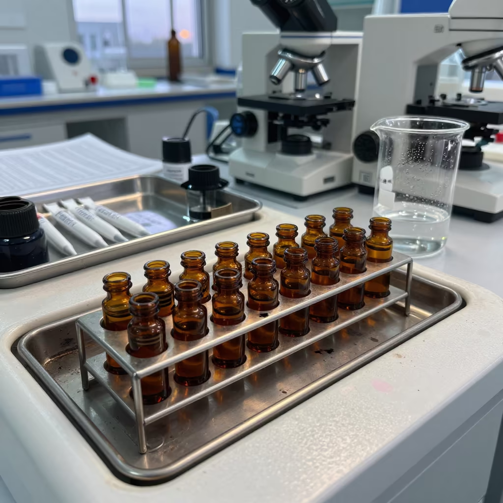 Amber Vials and Pipettes on Science Bench in at a microscopy bench in Körfez