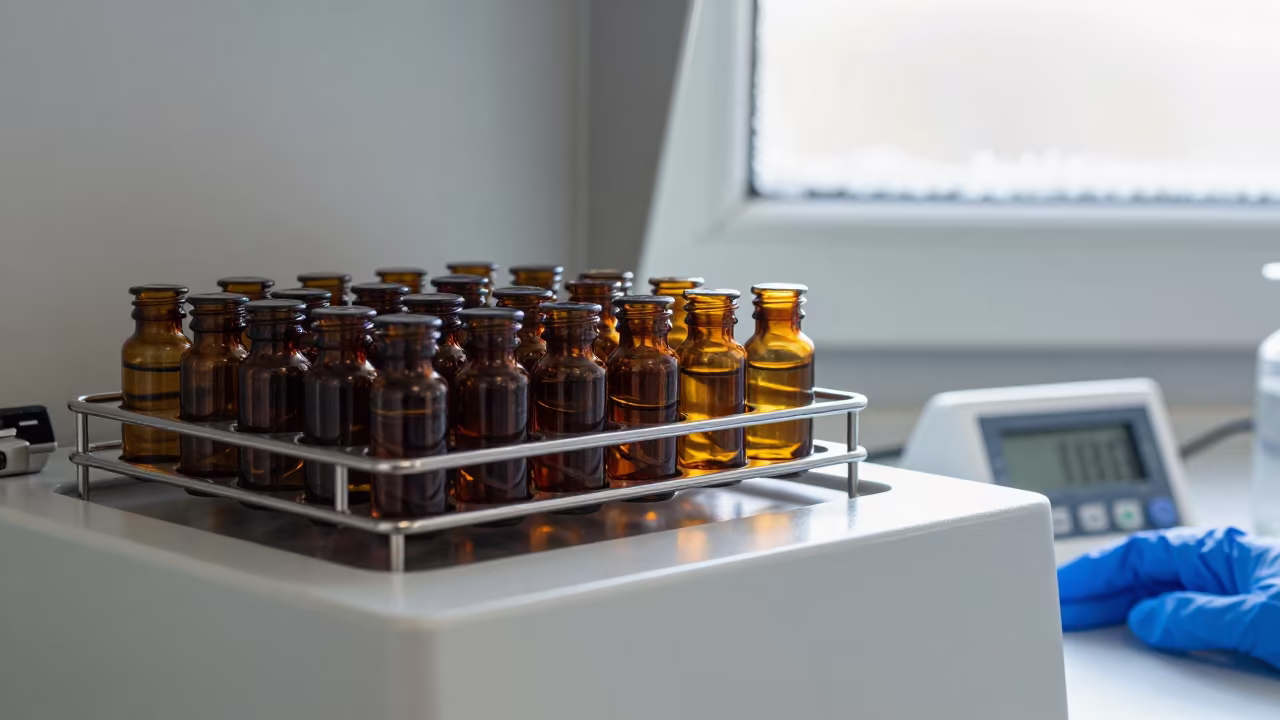 Amber Vials in Winter Lab Rotorua in inside a clean room in Rotorua