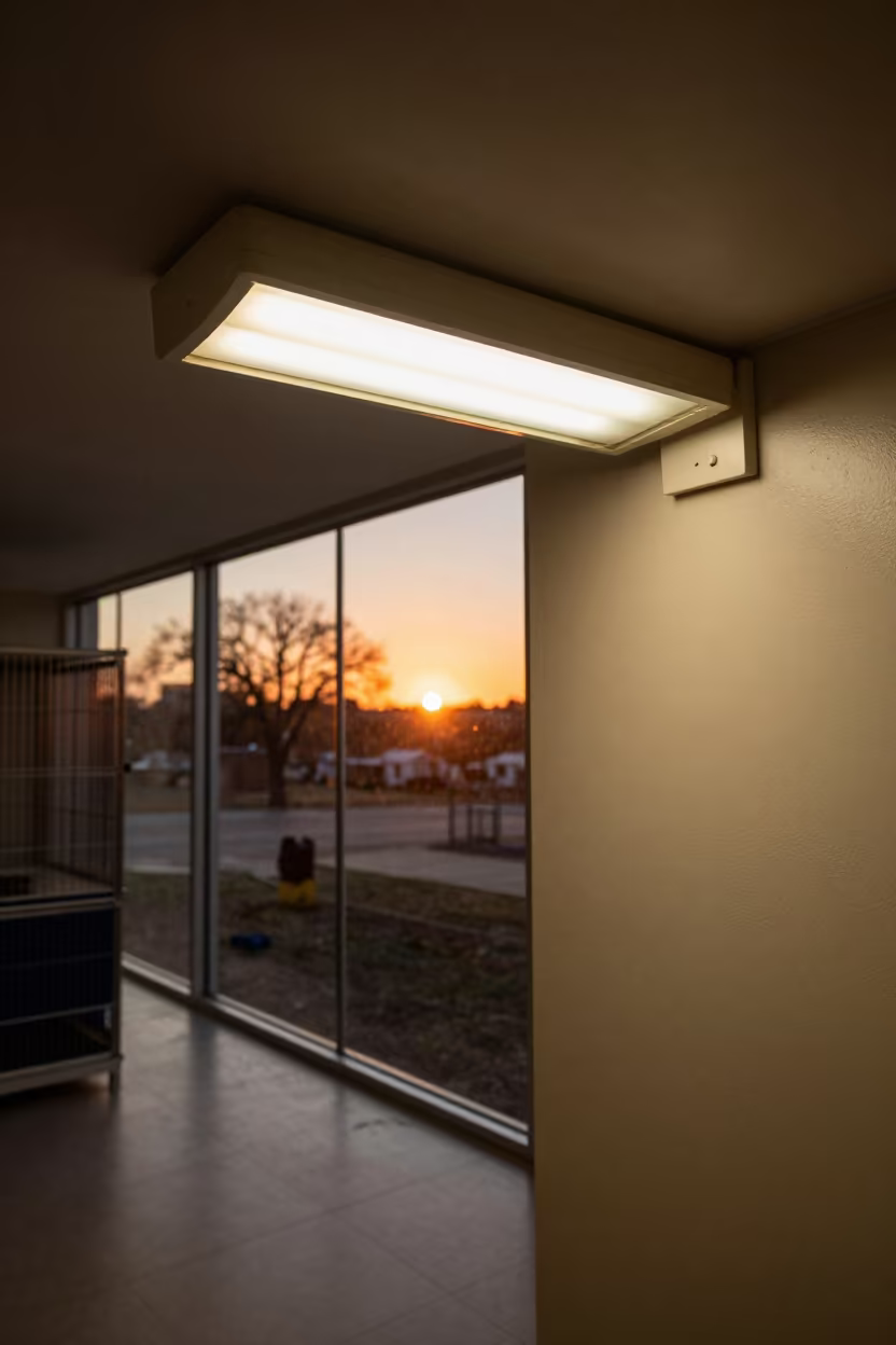 Amber Winter Light on Reptile Shelf in Kennel in in a boarding kennel corridor near Austin