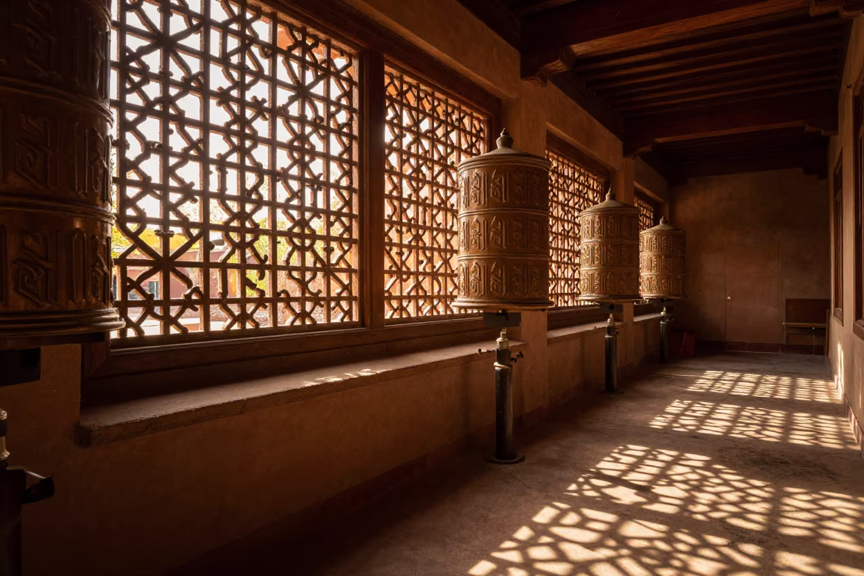 Amber Sunset Light Through Mosque Lattice Tucson in beside a prayer wheel corridor in Tucson