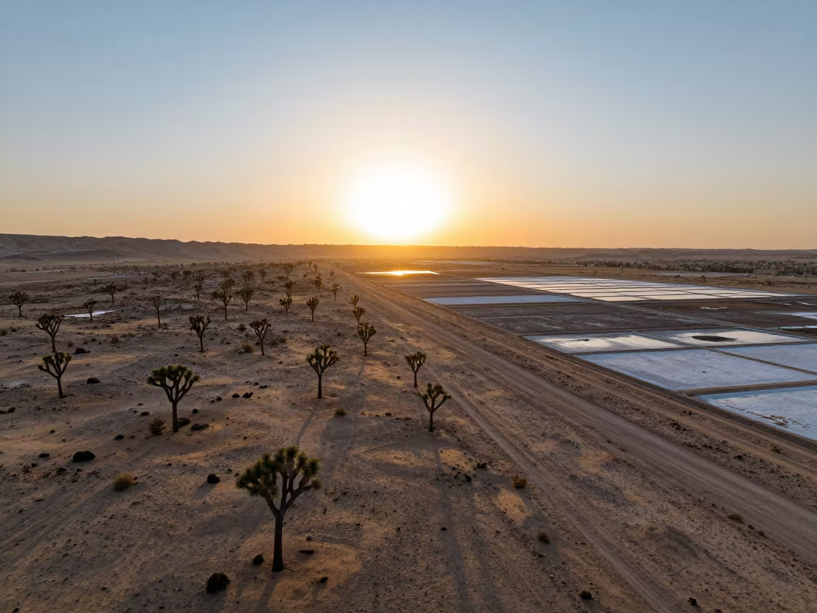 Amber Sunset Over Salt Ponds and Joshua Trees in high over salt ponds and causeways near Amman